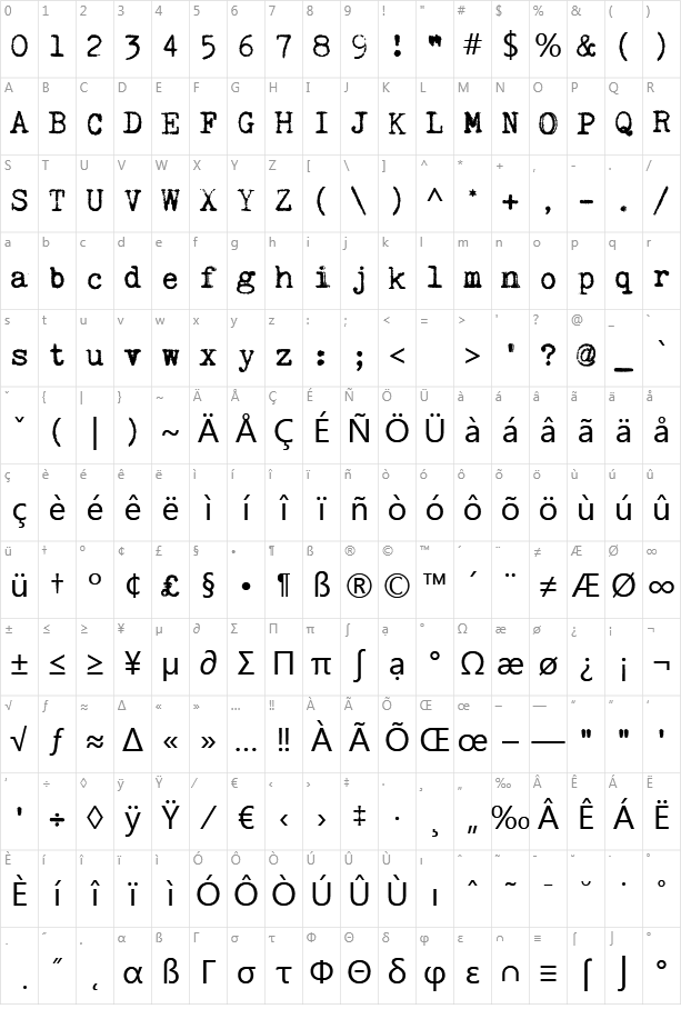 Kingthings Typewriter Character Map